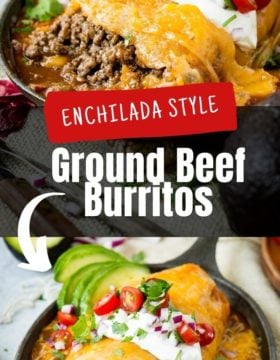 An enchilada style ground beef burrito with melted cheese and sour cream on top